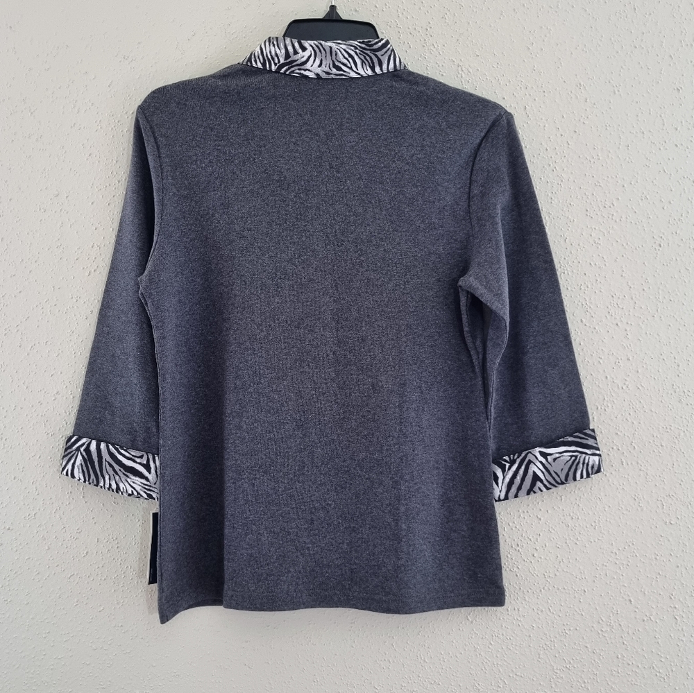 Karen Scott Gray V-Neck Sweater with Zebra Trim - Picture 7 of 8